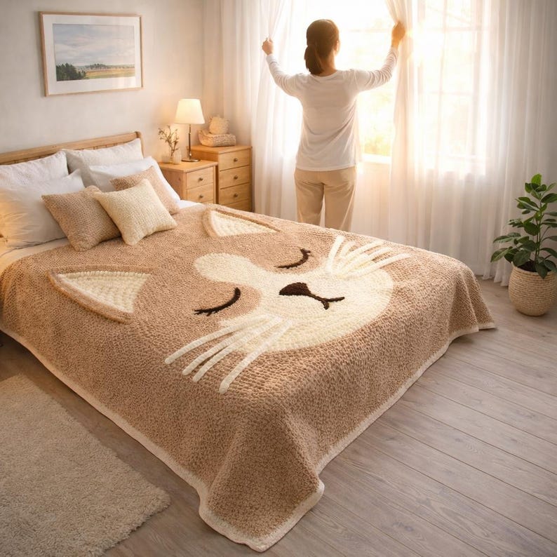 May include: A tan and cream-colored cat-face blanket on a bed. The blanket features a large cat face design with closed eyes and whiskers. The bed is made with white and tan pillows and a wooden bed frame.