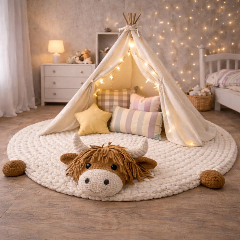 May include: A cozy children's play area featuring a cream-colored teepee tent adorned with string lights, set on a large, round, cream-colored rug. A plush Highland cow head and several decorative pillows add to the inviting atmosphere. The rug is approximately 5 feet in diameter.