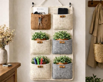 Patroon gehaakte opberger voor aan de muur pdf | Wandopberger met 9 vakken | Boho-huisdecoratie | Haakpatroon hangende organizer | Direct downloaden