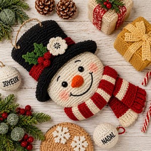 May include: A crocheted snowman wall hanging featuring a black top hat with a white flower and green holly berries, a red and white striped scarf, and a smiling face. The snowman is surrounded by crocheted gift boxes, ornaments with the text JOYEUX and NADAL, and pine branches.