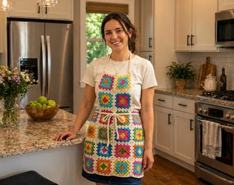 May include: A colorful crochet apron with a patchwork design. The apron features squares in various colors, including blue, yellow, pink, and green. It has a white tie around the waist and a white strap around the neck. The apron is worn over a white t-shirt and denim skirt.
