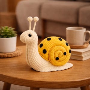 Puede incluir: Una figura de caracol hecha a mano con ganchillo. El caracol tiene un cuerpo color crema y una concha amarilla con lunares negros. Tiene dos pequeñas antenas y está sobre una mesa de madera. Una pequeña planta en maceta y una taza están en el fondo.