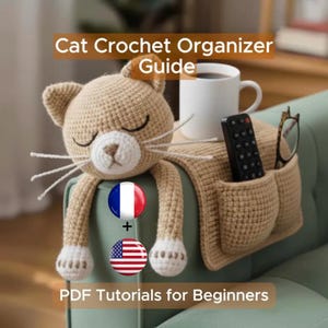 Cozy Cat Crochet Arm Organizer Pattern – Amigurumi Sofa Caddy PDF for Remote & Glasses Storage