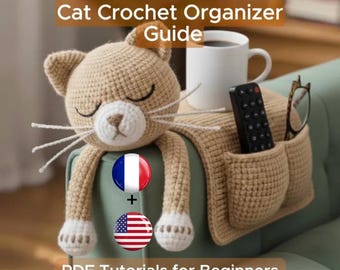 Cozy Cat Crochet Arm Organizer Pattern – Amigurumi Sofa Caddy PDF for Remote & Glasses Storage