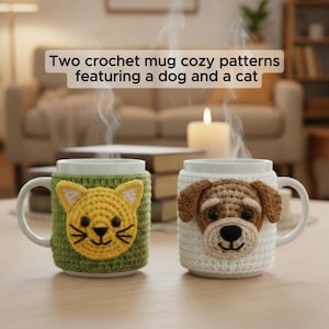 Könnte beinhalten: Zwei weiße Keramikbecher mit Häkelhüllen. Eine Hülle ist grün mit einem gelben Katzengesicht, die andere ist weiß mit einem braunen Hundegesicht. Der Text auf dem Bild lautet: "Zwei Häkelbecher-Muster mit Hund und Katze."