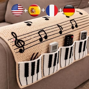Piano Crochet Couch Arm Organizer Pattern PDF – Music Themed Sofa Armrest Caddy with Pockets, Beginner Friendly Crochet Home Decor