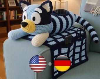 Patrón organizador de brazo de sofá de crochet para perro • Organizador de sofá amigurumi • PDF de control remoto y portavasos • Lindo perro de crochet