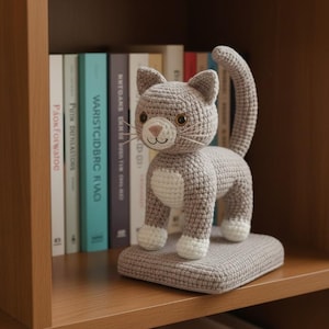May include: A crocheted cat figurine in shades of gray and white, standing on a square base. The cat has a pink nose and whiskers, with its tail arched upwards. The figurine is displayed on a wooden shelf next to a row of books.