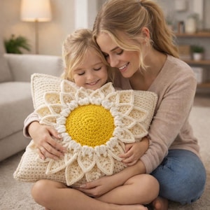 Puede incluir: Un coj&iacute;n de ganchillo color crema con forma de girasol, con centro amarillo y p&eacute;talos color crema. El coj&iacute;n est&aacute; siendo sostenido por una persona y un ni&ntilde;o. El coj&iacute;n es un art&iacute;culo decorativo.