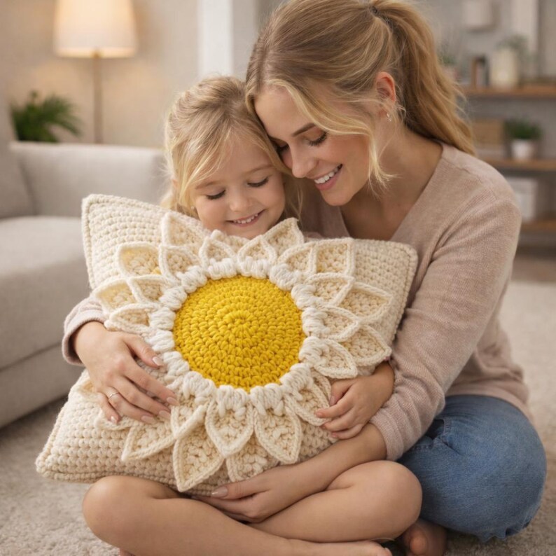 Puede incluir: Un coj&iacute;n de ganchillo color crema con forma de girasol, con centro amarillo y p&eacute;talos color crema. El coj&iacute;n est&aacute; siendo sostenido por una persona y un ni&ntilde;o. El coj&iacute;n es un art&iacute;culo decorativo.