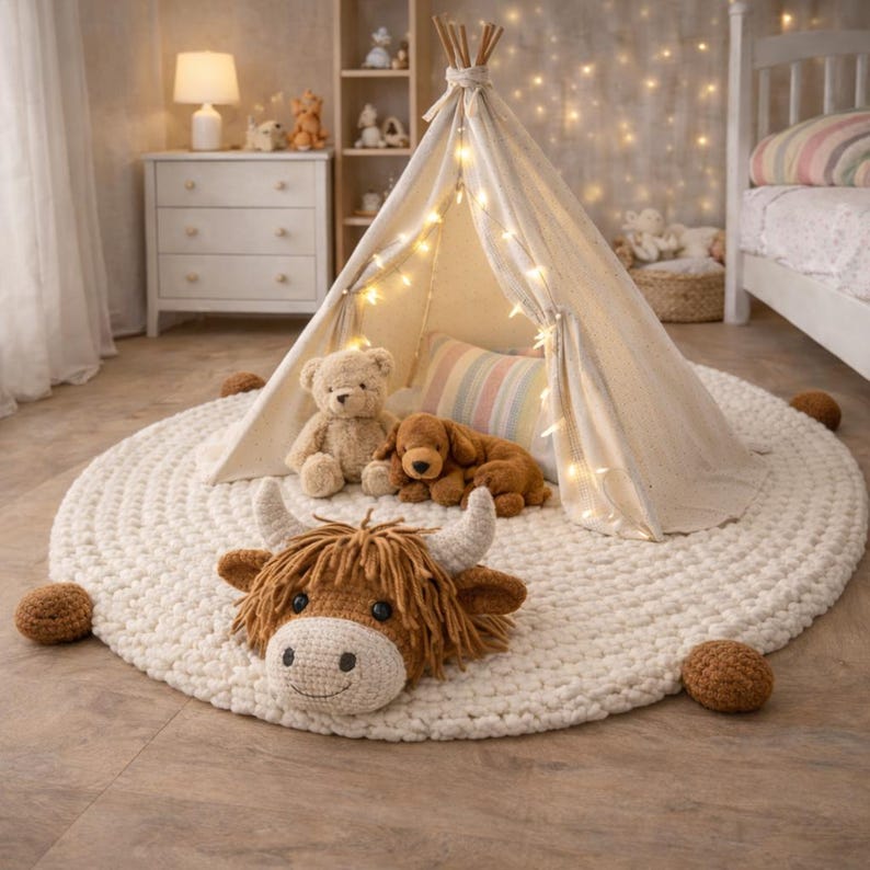 May include: A cozy children's room scene featuring a cream-colored teepee tent adorned with string lights, a round cream rug, and plush toys. A crocheted Highland cow pillow and a teddy bear are on the rug. The room has a soft, inviting atmosphere.