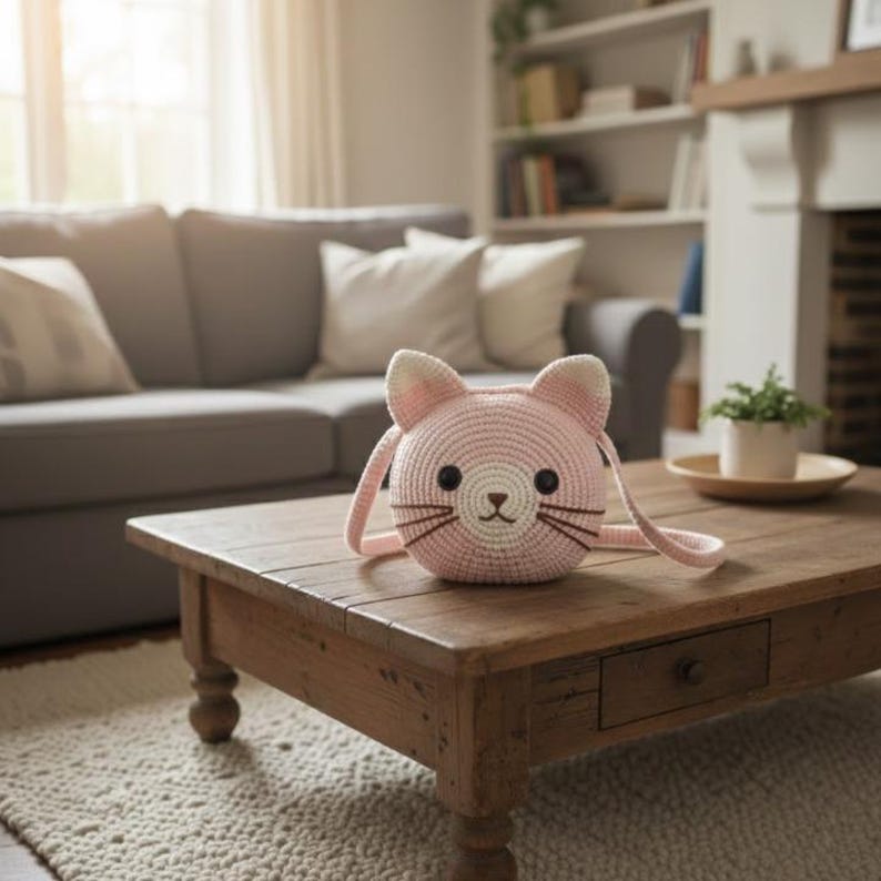 Puede incluir: Un bolso bandolera rosa tejido a ganchillo con forma de gato, con cuerpo redondo, orejas de gato y cara detallada. El bolso tiene una correa larga y est&aacute; sobre una mesa de madera.