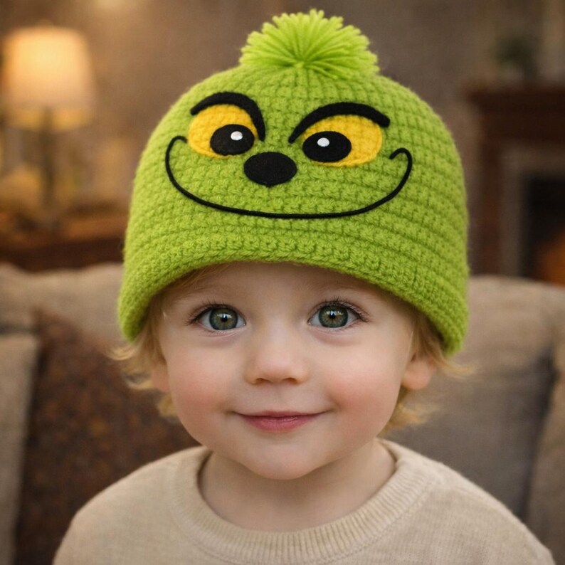 Peut inclure: Un bonnet vert en tricot avec un pompon sur le dessus, repr&eacute;sentant un visage de dessin anim&eacute; avec des yeux jaunes, un nez noir et une bouche souriante. Le bonnet est port&eacute; par une personne aux cheveux blonds.