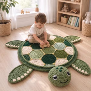 Puede incluir: Una alfombra circular de ganchillo con forma de tortuga, cuyo caparazón está compuesto por parches hexagonales en tonos verdes y crema. La alfombra incluye cuatro aletas de ganchillo verde oscuro y una cabeza de tortuga redonda a juego.