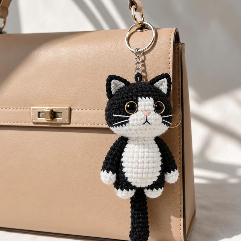 May include: A handmade black and white crochet cat keychain with a silver keyring. The cat has large, round eyes, a pink nose, and white whiskers. The keychain is hanging from a beige handbag.