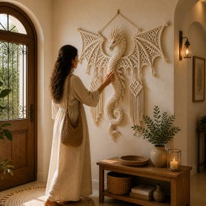 May include: A cream-coloured macrame dragon wall hanging with outstretched wings. The dragon is intricately knotted, featuring detailed scales and a textured body. The artwork is displayed on a neutral-toned wall, creating a focal point in a well-lit interior space.