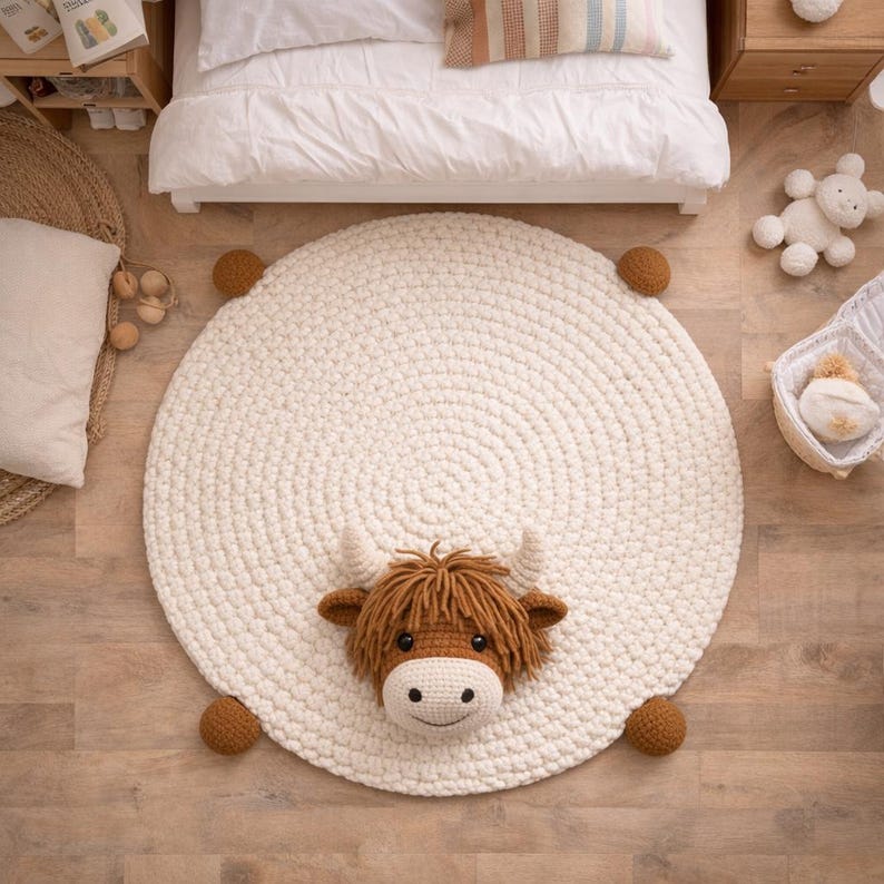 May include: A round, off-white crochet rug with a brown Highland cow face in the center. The rug has four brown pom-poms at the corners. The rug is approximately 47 inches in diameter.