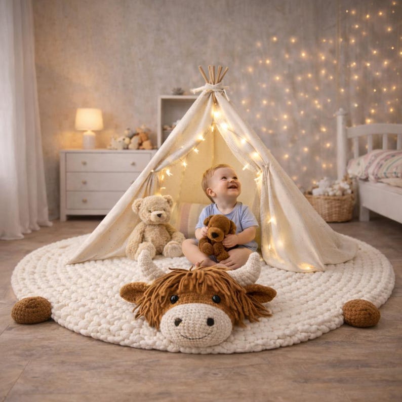 May include: A cozy children's room scene featuring a cream-colored teepee tent adorned with fairy lights. A round, off-white rug with a crocheted Highland cow head and two brown crocheted balls. A child sits inside the tent with two stuffed animals.