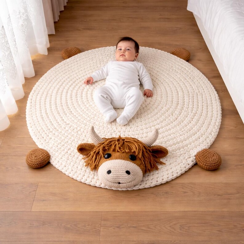 May include: A cream-colored, round, crocheted rug with a Highland cow head and four brown crocheted balls. A baby in a white onesie is lying on the rug. The cow head has brown fur, horns, and a smiling face.