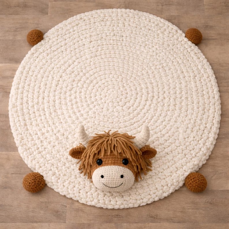 May include: A round, off-white crochet rug with a Highland cow face in the center. The cow has brown fur, horns, and a smiling face. Four small brown pom-poms are attached to the rug's edges.