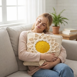 Puede incluir: Un coj&iacute;n de ganchillo color crema con un gran dise&ntilde;o de girasol. El girasol tiene un centro amarillo brillante y p&eacute;talos color crema. El coj&iacute;n es rectangular y parece suave y c&oacute;modo.