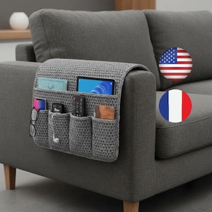 Schema PDF per organizer per braccioli da divano all'uncinetto – Portatelecomando e tasca laterale – Contenitore per divano adatto ai principianti – Download digitale – Arredamento per la casa