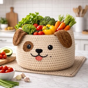 May include: A beige crochet basket shaped like a dog, filled with fresh vegetables. The basket has brown ears and a face with black eyes, a black nose, and a pink tongue. The basket is filled with lettuce, broccoli, tomatoes, carrots, and a yellow bell pepper.