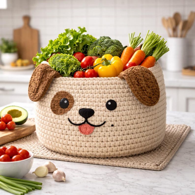 May include: A beige crochet basket shaped like a dog, filled with fresh vegetables. The basket has brown ears and a face with black eyes, a black nose, and a pink tongue. The basket is filled with lettuce, broccoli, tomatoes, carrots, and a yellow bell pepper.