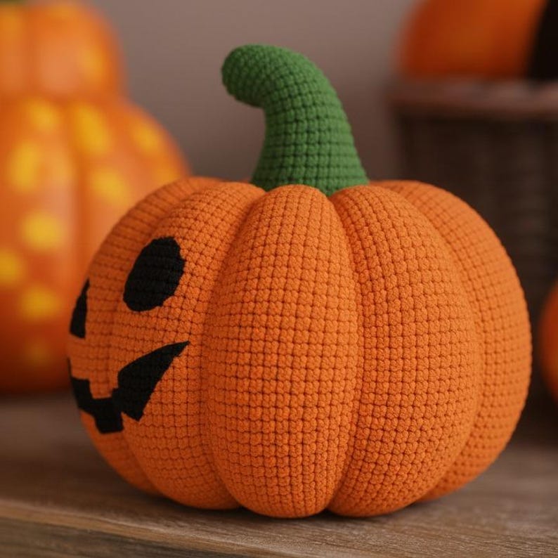 Op de afbeelding: Een gehaakte oranje pompoen met een groene stengel en een uitgesneden jack-o'-lantern gezicht. De pompoen is gemaakt van getextureerd garen en is een feestelijke decoratie voor Halloween. Andere pompoenen zijn zichtbaar op de achtergrond.