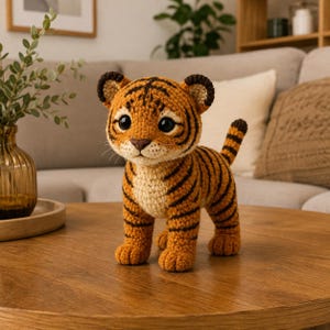 May include: A crocheted tiger plush toy featuring orange yarn with dark brown stripes, a cream-colored chest and muzzle, large black plastic eyes, and a small brown nose. The stuffed animal stands on four legs with a long, striped tail pointing upward.