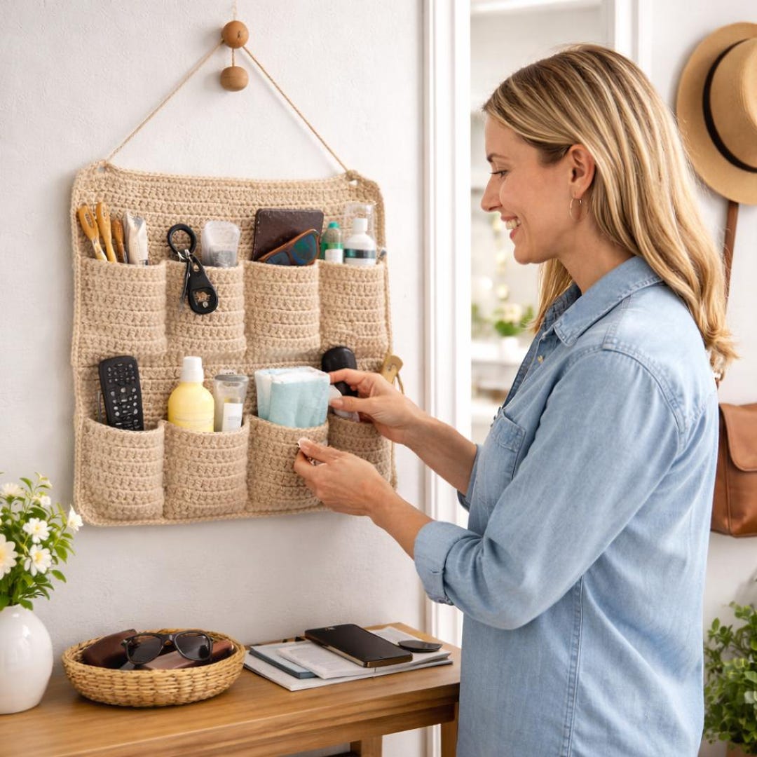Crochet Wall Organizer Pattern PDF – 6 Pocket Hanging Storage Organizer ...