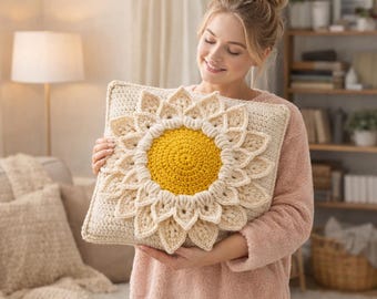 Patrón de cojín cuadrado de abuela con girasoles a crochet (PDF) / Funda de cojín de girasol bohemio / Funda de almohada de crochet de 40 x 40 cm / Descarga instantánea