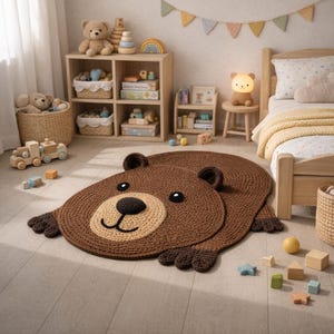 May include: A brown bear-shaped rug with a light brown face and black details. The rug is made of a woven material and is lying on a light-colored wooden floor. The rug is in a child's bedroom with wooden furniture and toys.