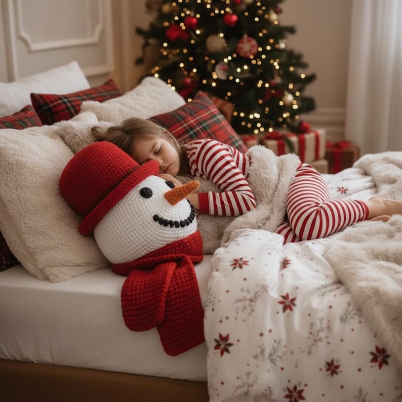 Op de afbeelding: Een kind slaapt in bed met een sneeuwman kussen. Het sneeuwman kussen heeft een rode hoed en sjaal, en een wortelneus. Het kind draagt een rood-wit gestreepte pyjama. Op de achtergrond is een kerstboom te zien.