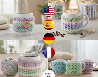 Kit de capas de crochê para canecas – 4 modelos fáceis (download em PDF) inglês / francês / espanhol / alemão