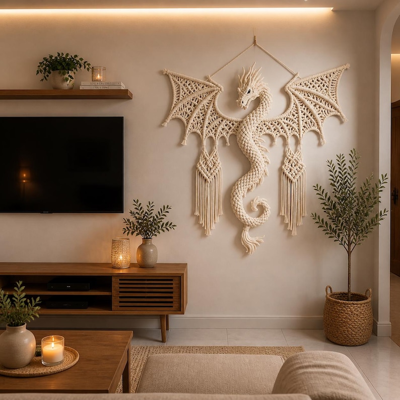 May include: A large, cream-colored macrame dragon wall hanging with outstretched wings, intricate knotwork, and a detailed head. The dragon is the focal point of a neutral-toned living room with wooden furniture and decorative plants.