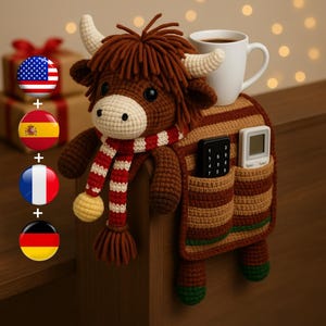 Highland Cow Sofa Armrest Organizer Crochet Pattern | Amigurumi Couch Caddy PDF | Crochet Cup Holder & Remote Pockets | Cute Bull Pattern