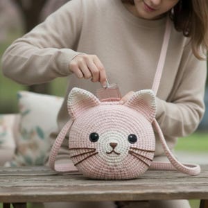 Puede incluir: Bolso bandolera rosa tejido a ganchillo con forma de gato, con una correa larga. El bolso tiene ojos negros, bigotes marrones y un hocico blanco. El bolso est&aacute; sobre una superficie de madera.