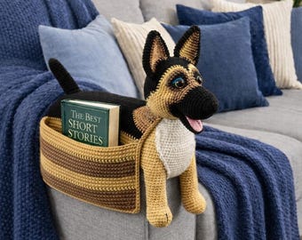 Crochet Dachshund Sofa Arm Organizer Pattern PDF | Dog Couch Caddy with Cup Holder | Amigurumi Dog Storage | Easy Crochet Pattern