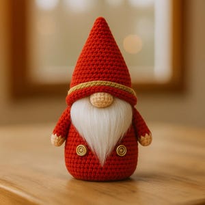 May include: A handmade red crochet gnome with a pointed hat, white beard, and tan nose. The gnome has a gold band around the hat and two gold buttons on the front. A festive, decorative item.