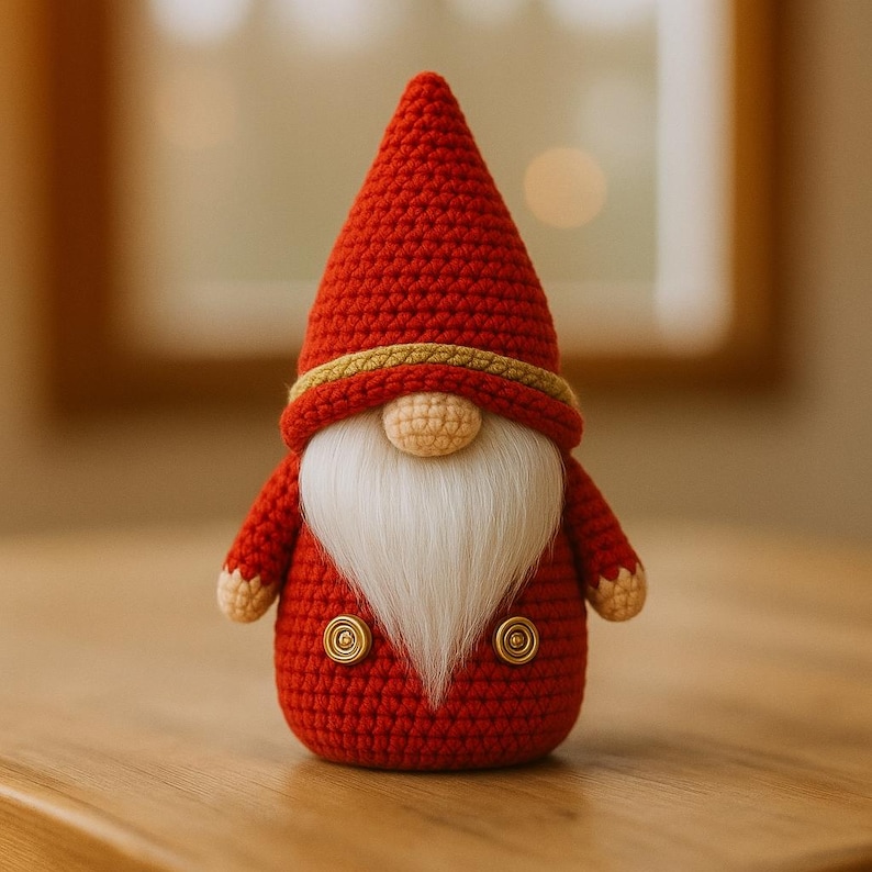May include: A handmade red crochet gnome with a pointed hat, white beard, and tan nose. The gnome has a gold band around the hat and two gold buttons on the front. A festive, decorative item.