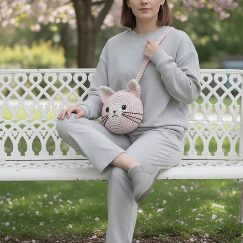 Puede incluir: Un bolso bandolera de ganchillo rosa claro con forma de gato y una correa a juego. El bolso presenta bigotes y ojos negros, y orejas internas de color rosa claro. El bolso se lleva al hombro.