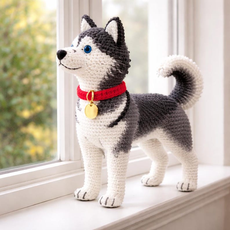 May include: A crocheted Husky dog figurine with a red collar and a gold tag. The dog has blue eyes, black and gray markings, and a white body. It is standing on a white windowsill, looking out the window.