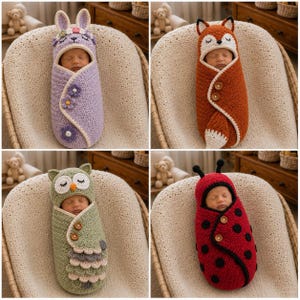 Pode incluir: Uma coleção de quatro cueiros de crochê para bebê com designs de animais. Um é um coelho lavanda com flores, um é uma raposa laranja, um é uma coruja verde com penas em camadas e um é uma joaninha vermelha com pintas pretas e antenas.