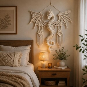 May include: A cream-colored macrame dragon wall hanging with outstretched wings. The dragon is mounted on a light-colored wall above a wooden nightstand with a lamp, candle, and vase of greenery. A bed with a wooden headboard is in the foreground.