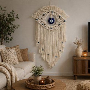 May include: A large off-white macrame wall hanging shaped like an eye, featuring a central circular blue and white glass evil eye bead, surrounded by smaller blue evil eye beads woven into the cotton cord fringe and knotted structure.