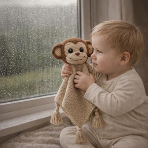 Puede incluir: Una manta de seguridad de mono de ganchillo en tonos beige y marrón. El mono tiene una cara sonriente y orejas grandes, y está unido a una manta cuadrada con borlas. Un niño sostiene la manta cerca de una ventana con gotas de lluvia.