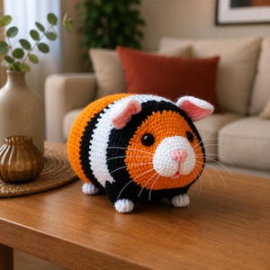May include: A round, crocheted guinea pig plush toy featuring a tri-colour pattern of orange, white, and black yarn. The stuffed animal has two black plastic eyes, a small pink nose, light pink inner ears, and long white whiskers on both sides.