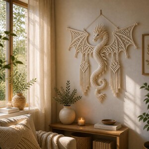 May include: A cream-colored macrame dragon wall hanging with outstretched wings. The dragon features intricate knotwork, a long, serpentine body, and detailed wings. It is displayed on a neutral-toned wall, adding a touch of fantasy to the room's decor.