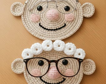 Crochet Glasses Holder Pattern – Grandma & Grandpa Eyeglass Stand | Cute Amigurumi Face Coaster | Crochet Eyeglasses Holder PDF